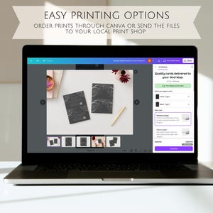 May include: A laptop screen displaying a Canva design template for a black and white wedding invitation. The screen shows a preview of the invitation, along with options for printing and ordering. The text on the screen reads "Quality cards delivered to your doorstep."