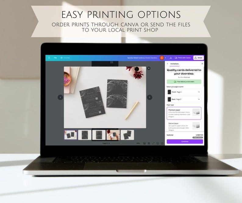May include: A laptop screen displaying a Canva design template for a black and white wedding invitation. The screen shows a preview of the invitation, along with options for printing and ordering. The text on the screen reads "Quality cards delivered to your doorstep."