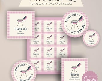Różowe etykiety na upominki na przyjęcie Baby-Q i szablon naklejek | Backyard B-B-Q Baby Shower | Etykiety na prezenty w kratkę gingham | Upominki na przyjęcie dla par z grilla