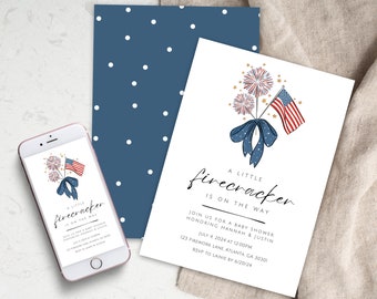 Fourth Of July Baby Shower Invitation l Digital Download Editable Template | Gender Reveal Invite | Baby-Q Invite | Little Firecracker Party