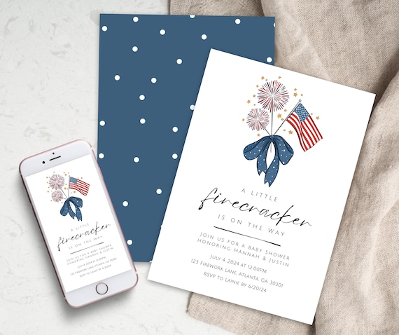 Fourth Of July Baby Shower Invitation l Digital Download Editable Template | Gender Reveal Invite | Baby-Q Invite | Little Firecracker Party