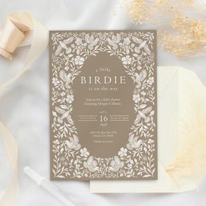 Neutral Floral Print Little Birdie Baby Shower Invitation Template Elegant Bird Baby Shower Printable Invitation Gender Neutral Baby Shower