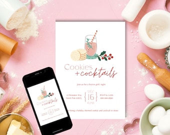 Cookies and Cocktails Christmas Party Invitation | Digital Download Editable Template | Holiday Party Invite | Cookie Decorating Party