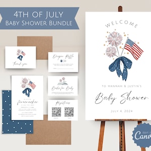 4. Juli Baby Shower Bundle l Digitaler Download Einladungsvorlage l Vaterländisches Willkommensschild l Windel-Verlosungskarten l Bücher für Baby