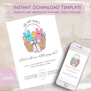 Invitación a fiesta de revelación de género de Pascua de Little Peep / Plantilla editable de descarga digital / Invitación a peep de conejito de malvavisco / Baby Shower de primavera imagen 2