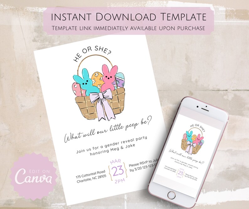 Invitación a fiesta de revelación de género de Pascua de Little Peep / Plantilla editable de descarga digital / Invitación a peep de conejito de malvavisco / Baby Shower de primavera imagen 2