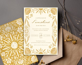 Little Ray of Sunshine Baby Shower Einladung für eine Gelbe Blumen Babyparty | Hier kommt der Sohn Digital Download druckbare Vorlage