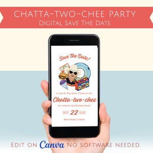 Peut inclure: Un smartphone affiche une invitation numérique pour une fête "Chatta-two-chee", avec le texte "Save the Date !" et les détails de l'événement. L'invitation présente des illustrations de dessins animés d'un hamburger, d'une glace et d'un boombox. La date est le 22 mai 2020.