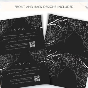 May include: Black and white wedding RSVP card with a spiderweb design. The card has a section for the guest's name, a checkbox to accept or decline the invitation, and a space to indicate the number of guests attending. The card also includes a QR code and the wedding website address.