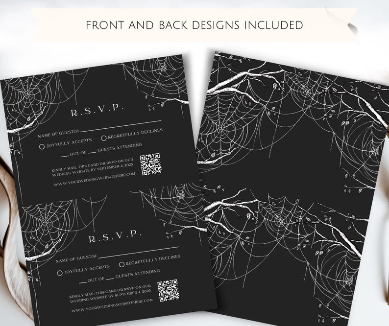 May include: Black and white wedding RSVP card with a spiderweb design. The card has a section for the guest's name, a checkbox to accept or decline the invitation, and a space to indicate the number of guests attending. The card also includes a QR code and the wedding website address.