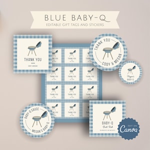 Baby-Q Party Favor Tags and Custom Stickers Template | Backyard B-B-Q Baby Shower | Blue Gingham Gift Tags | Barbeque Couples Shower Favors