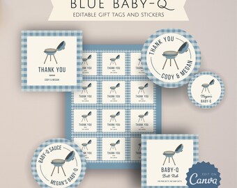 Szablon etykiet na upominki i niestandardowych naklejek na Baby-Q | Backyard B-B-Q Baby Shower | Etykiety na prezenty w kolorze niebieskim Gingham | Upominki na przyjęcie dla par z grilla