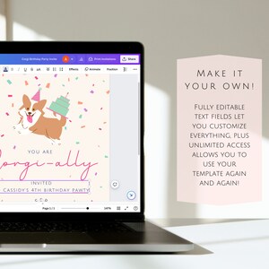 K&ouml;nnte beinhalten: Editierbare digitale Einladungsvorlage mit einem Cartoon-Corgi-Hund, der einen Kuchen h&auml;lt. Der Text lautet "You are Corgi-ally invited to Cassidy's 4th Birthday Pawty".