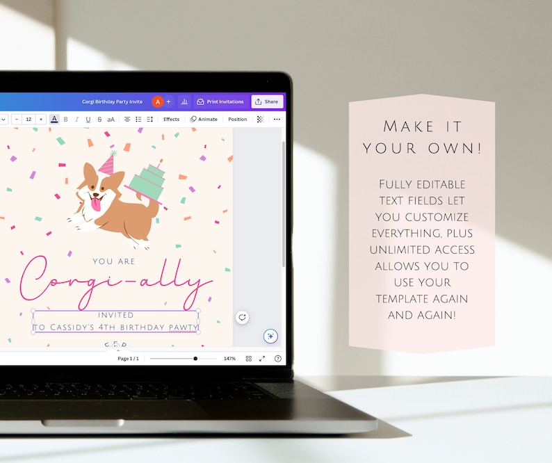 K&ouml;nnte beinhalten: Editierbare digitale Einladungsvorlage mit einem Cartoon-Corgi-Hund, der einen Kuchen h&auml;lt. Der Text lautet "You are Corgi-ally invited to Cassidy's 4th Birthday Pawty".
