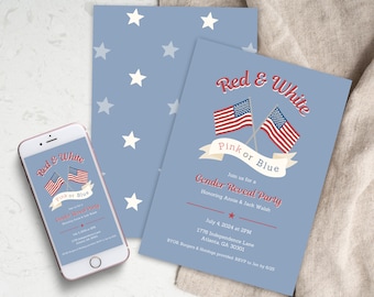 Rojo, Blanco, Rosa o Azul Invitación de Revelación de Género del 4 de Julio l Descarga Digital Plantilla Editable / Fiesta de Revelación de Género de Bandera Americana