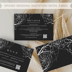 Conjunto de convites de casamento assustadores, cartões de convite RSVP de casamento gótico, modelos de convites elegantes de Halloween para casamentos com teias de aranha