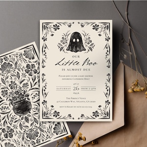 May include: A black and white illustrated baby shower invitation with a ghost and floral border. The text reads "Our Little Boo is Almost Due" and includes the date and time of the event.