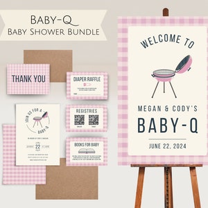 Roze Baby-Q BBQ-babyshowerbundel l Digitale download bewerkbaar sjabloonpakket l Leuk Babyq-welkomstbord l Luierloterijkaart l Boeken voor baby
