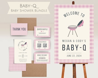 Pink Baby-Q BBQ Baby Shower Bundle l Digital Download Editable Template Pack l Cute Babyq Welcome Sign l Diaper Raffle Card l Books for Baby
