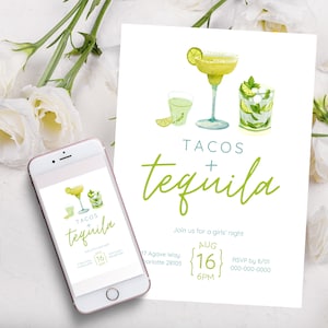 Tacos and Tequila Margarita Party Invitation | Digital Download Editable Template | Girl&#39;s Night Party Invite | Fiesta Cocktail Party