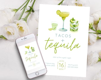 Tacos and Tequila Margarita Party Invitation | Digital Download Editable Template | Girl's Night Party Invite | Fiesta Cocktail Party