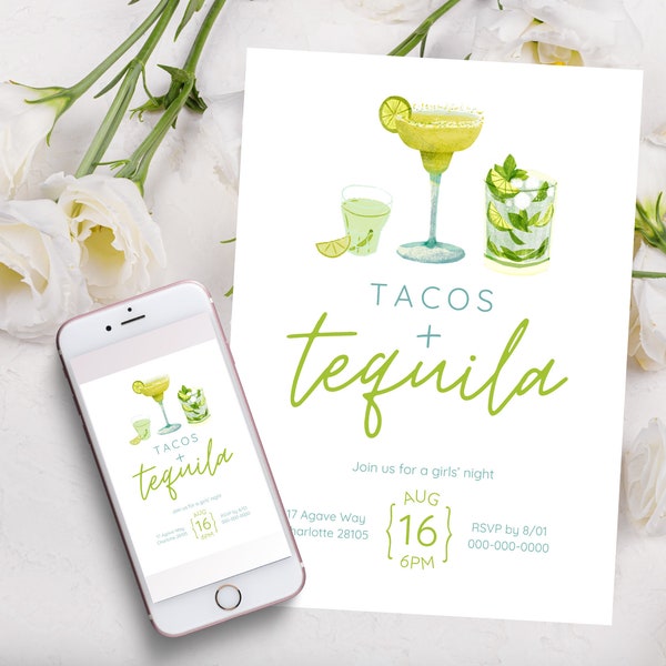 Invitación a fiesta de Tacos y Tequila Margarita / Plantilla editable de descarga digital / Invitación a fiesta nocturna de chicas / Fiesta Cocktail Party