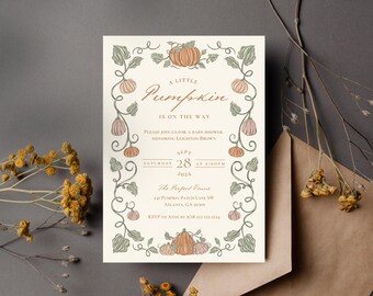 Cute Little Pumpkin Baby Shower Invitation Template Neutral Fall Gender Reveal Invite Elegant October Baby Shower Printable Fall Invitation