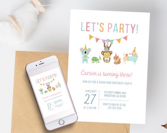 Party Animal Birthday Invitation | Digital Download Editable Template | Kid's Birthday Party Invite | Colorful Gender Neutral Invitation