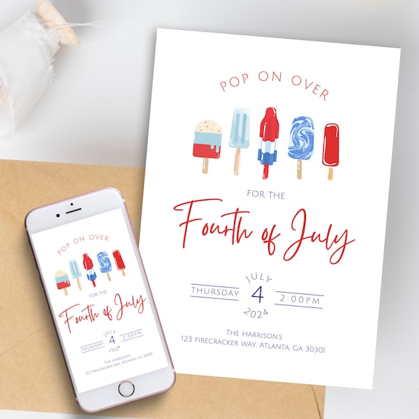 Cute Fourth Of July Popsicle Party Invitation Template | Red White and Blue Summer Party | Popsicle 4th of July Patriotic Pool Party Invite