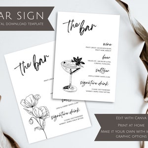 Menu du bar personnalisé mariage signe de boisson signature modèle de cocktail en téléchargement numérique modifiable à la maison impression signe de mariage pour l&#39;heure du cocktail bricolage
