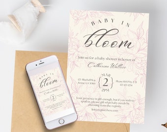Roze Bloemenbaby in bloei Baby showeruitnodiging | Digitale download bewerkbare sjabloon | Het elegante Vintage Roze Patroon van Chinoiserie nodigt uit