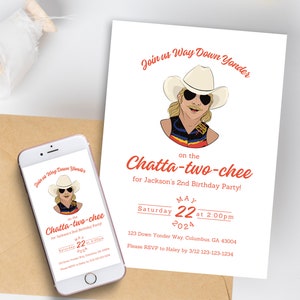 Invito alla festa di compleanno "Way Down Yonder on the ChattaTWOchee" | Modello modificabile scaricabile digitalmente | Invito a tema festa country anni '90