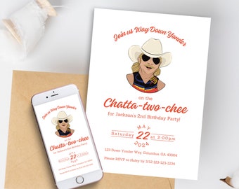 Way Down Yonder on the ChattaTWOchee Birthday Party Invite l Digital Download Editable Template l 90s Country Party Theme Invitation