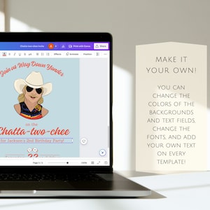 May include: A digital invitation template for a birthday party. The template features a cartoon illustration of a person wearing a cowboy hat and sunglasses. The text on the template reads "Join us Way Down Yonder on the Chatta-two-chee for Jackson's 2nd Birthday Party!"  The text "Make it your own!" is also visible on the template. You can change the colors of the backgrounds and text fields, change the fonts, and add your own text on every template.