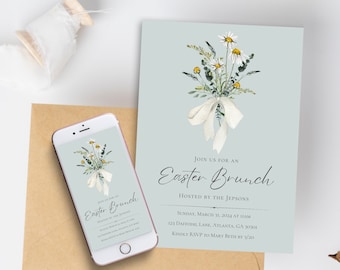 Easter Brunch Invitation | Digital Download Printable Template | Pastel Floral Easter Invite | Blue Easter Lunch | Egg Hunt Invitation