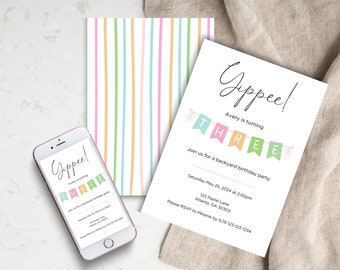 May include: A birthday party invitation with a colourful striped background. The invitation says "Gippee! Avery is turning THREE" with a banner of colourful flags with the number three on them. The invitation includes the date, time, and location of the party.