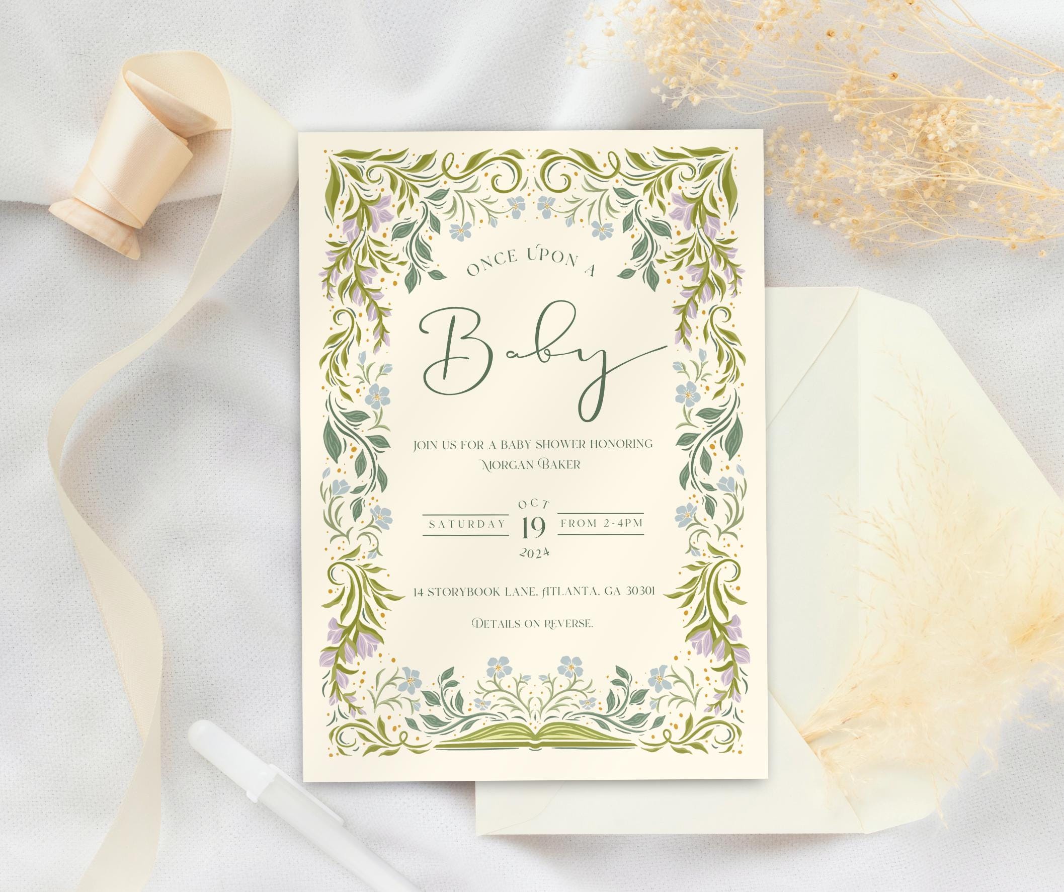 Floral Once Upon A Baby Printable Invitation Wildflower Storybook Baby Shower Invitation Template Whimsical Fairytale Book Baby Shower