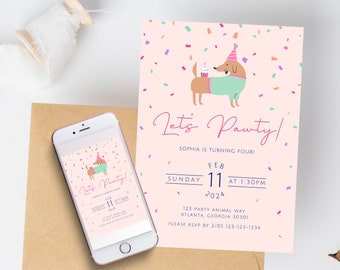 Dog Birthday Party Invitation | Digital Download Editable Template | Let's Pawty Invite | Dachshund Birthday Invitation | Pastel Puppy Party