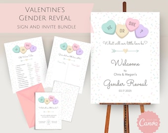 Invitación con letreros y corazones para fiesta de revelación de género del Día de San Valentín en tonos pastel / Plantilla editable de descarga digital / Paquete de baby shower Little Love