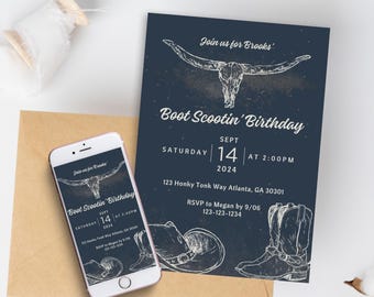 Boot Scootin' Birthday Invitation Template l Digital Download Editable Template l 90s Country Music Party Theme l Kid's Cowboy Party Invite