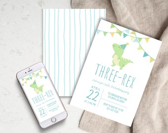 Peut inclure: Une invitation imprimable bleue et verte pour une fête d'anniversaire sur le thème des dinosaures. L'invitation représente un dinosaure de dessin animé portant un chapeau de fête et le texte "THREE-REX" et "Join us for Jack's 3rd birthday party".