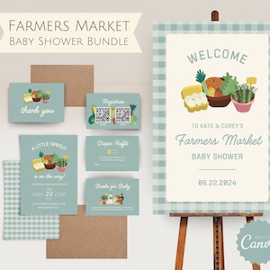 Pacchetto di invito per baby shower del mercato degli agricoltori con download digitale Libri con cartelli di benvenuto per baby shower Little Sprout per biglietti della lotteria per pannolini per bambini