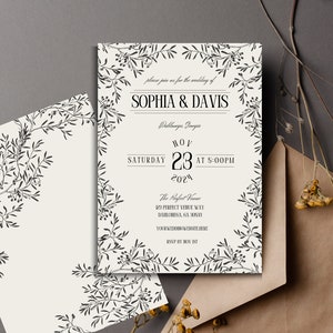 Modern Minimalist Wedding Invitation Template Delicate Black & White Floral Invite Chic Wedding Invitation At Home Printable Wedding Invite