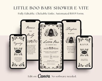 Little Boo Halloween Baby Shower E-vite Bundle Cute Spooky Baby Shower Black Floral Invitation Books for Baby Diaper Raffle RSVP Collector