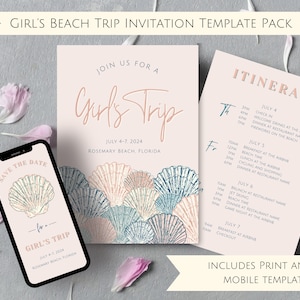 May include: A printable invitation template for a girls' beach trip to Rosemary Beach, Florida. The invitation features a pink and blue seashell design and includes a matching mobile phone save the date template. The itinerary includes details for a four-day trip, including activities like beach time, jet skiing, and dining.