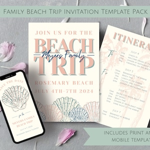 May include: A printable invitation template for a family beach trip to Rosemary Beach, Florida, from July 4th to 7th, 2024. The invitation features a seashell design and the text "Join us for the Beach - Meyers Family - Trip". The itinerary includes details for each day of the trip, such as check-in, welcome drinks, dinner, and activities.