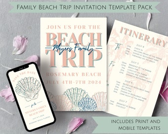 Family Beach Trip Invitation and Itinerary Printable Templates | Family Vacation Save The Date | Neutral Coastal Digital Trip Planner
