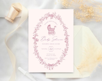 Vintage Pink Baby Shower Invitation Template | Elegant Old Fashioned Baby Carriage Pink Floral Toile Baby in Bloom Garden PartyInvite