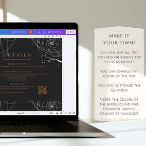 May include: A digital screen displaying a black and white spiderweb design with the text "Details" and "Reception". The screen is next to a white card with the text "Make it your own!" and instructions for customizing the design.