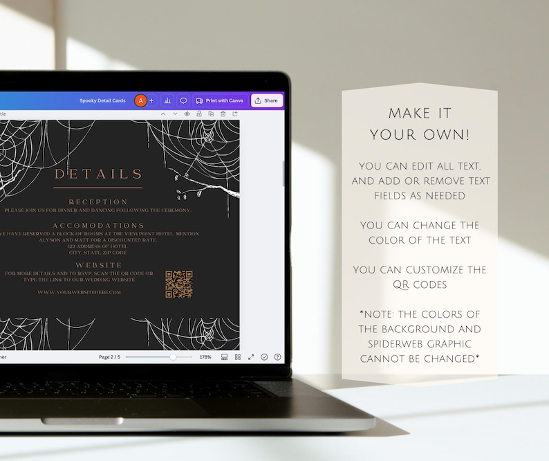 May include: A digital screen displaying a black and white spiderweb design with the text "Details" and "Reception". The screen is next to a white card with the text "Make it your own!" and instructions for customizing the design.